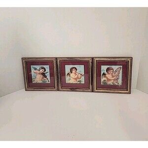 Vintage Home Interiors Musical Angel’s Set Of 3 Gold Framed Matted Prints 7.5”x